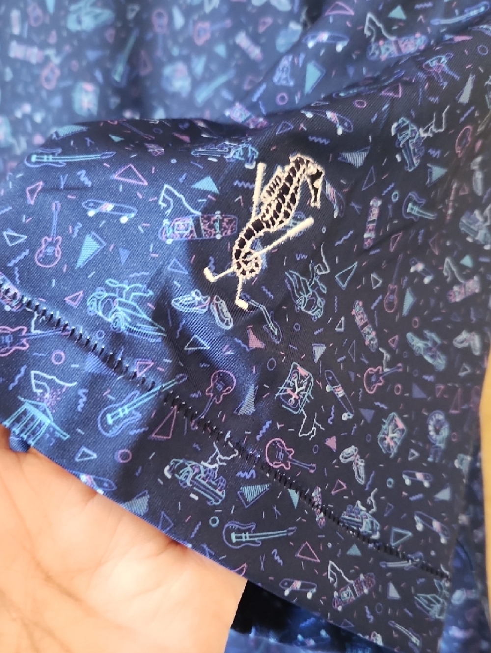 SALE!- Men's Peter Millar Navy Blue Printed Short-Sleeve Polo with Seahorse Logo - Picture 3 of 6
